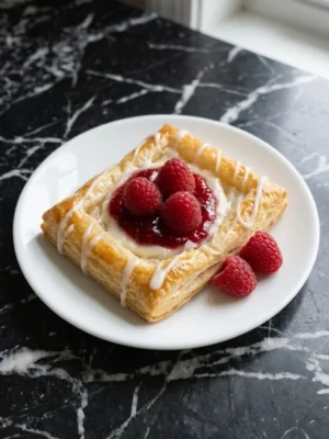 Golden flaky Raspberry Danish with cream cheese and berry filling fresh from the oven