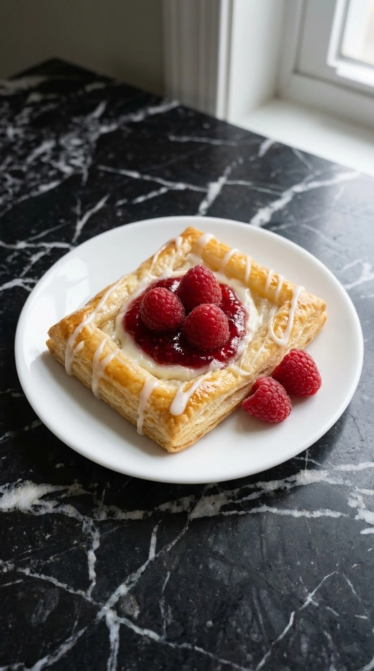 Golden flaky Raspberry Danish with cream cheese and berry filling fresh from the oven