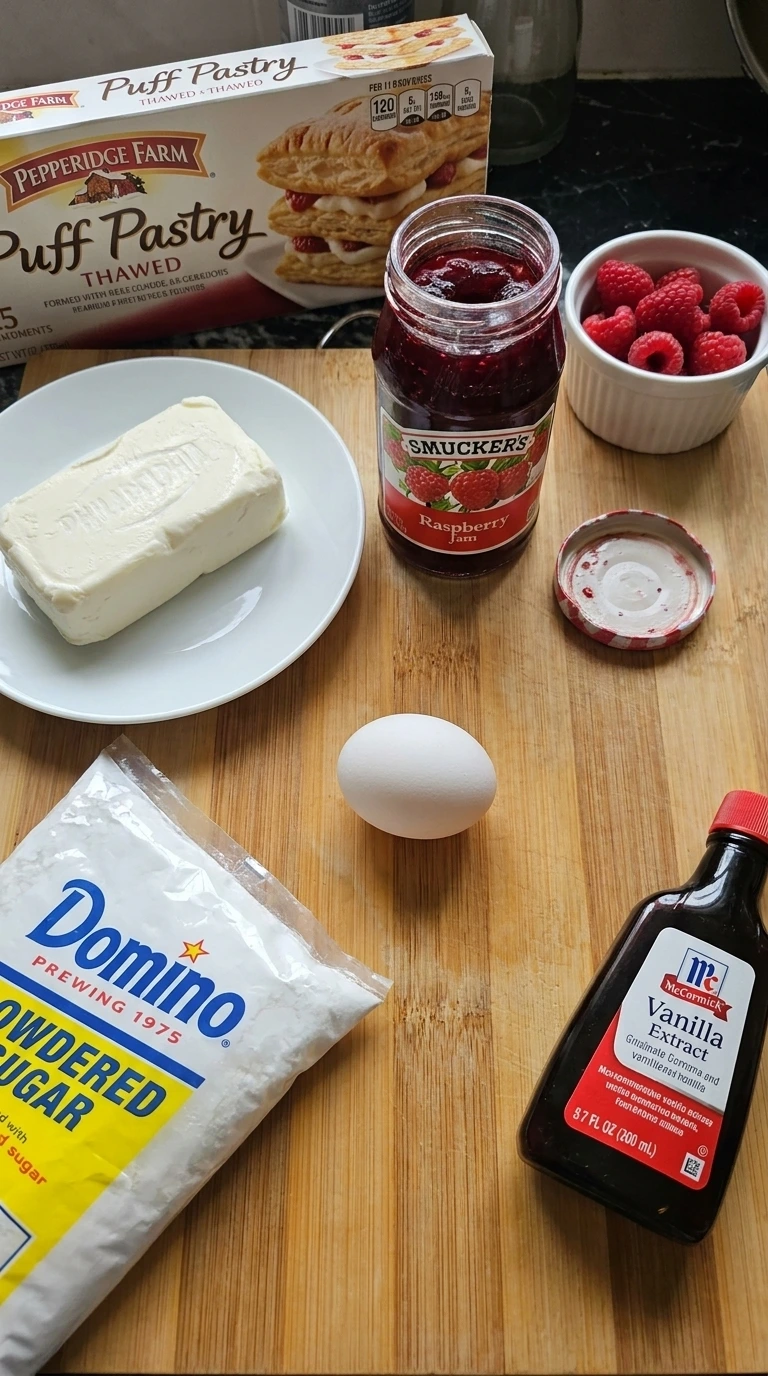 Raw ingredients arrayed for making a homemade Raspberry Danish