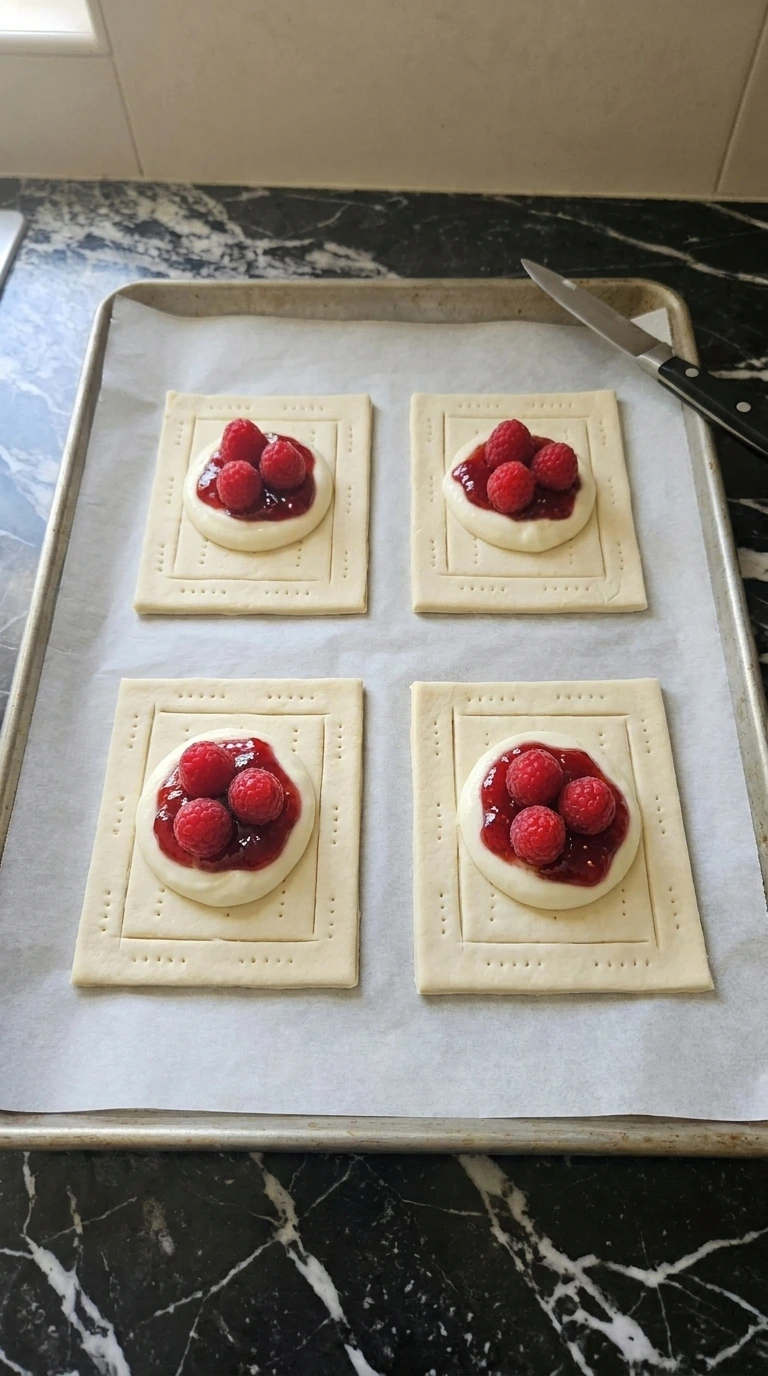 Scoring puff pastry rectangles on parchment paper for Raspberry Danish