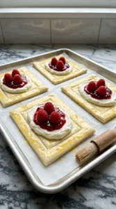 Adding cream cheese and raspberry jam filling to Raspberry Danish rectangles