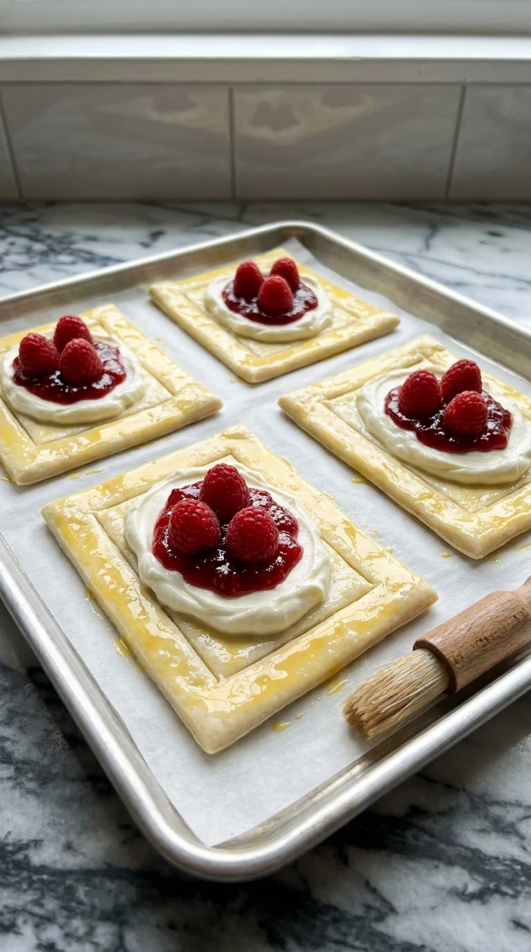 Adding cream cheese and raspberry jam filling to Raspberry Danish rectangles