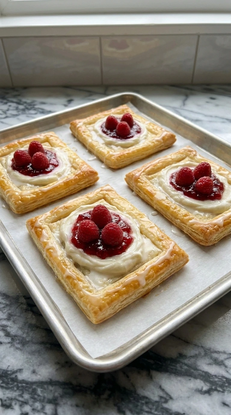 Baked golden brown Raspberry Danish pastries on a baking sheet