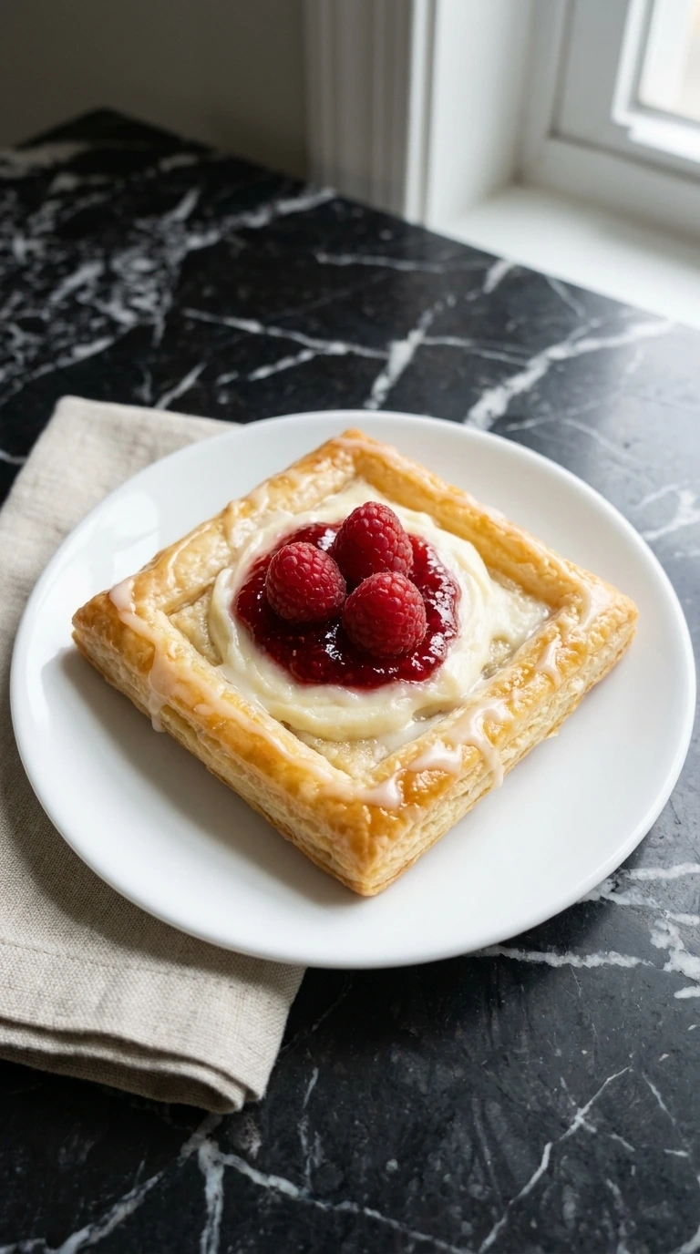 Finished glazed Raspberry Danish served on a white plate