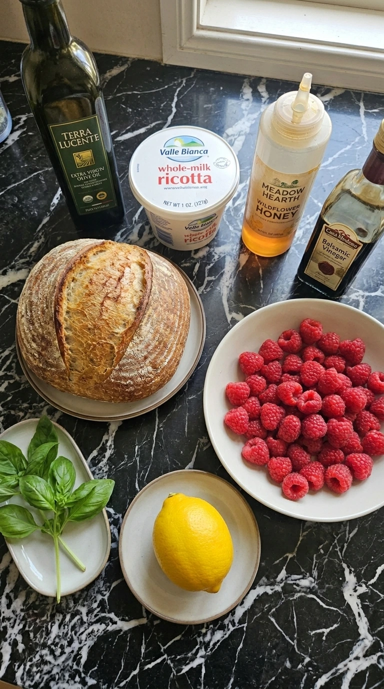 Ingredients for Raspberry Ricotta Toast including raspberries, ricotta, sourdough, honey, balsamic vinegar, lemon and basil.