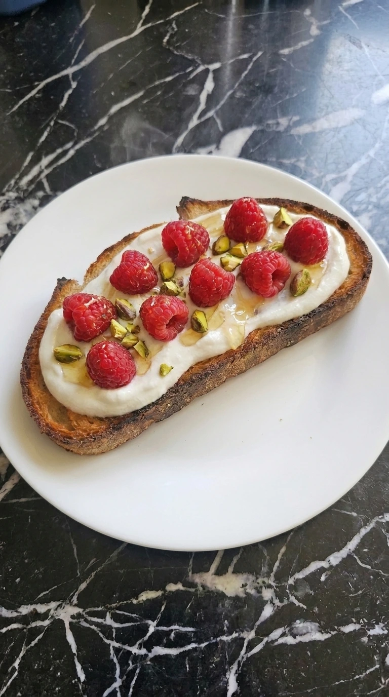 Raspberry Yogurt Toast topped with fresh berries and honey on a white plate