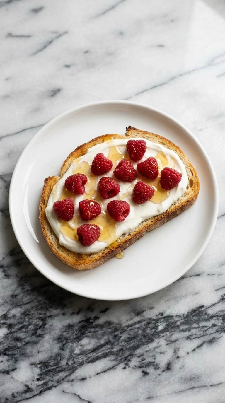 Spreading Greek yogurt on toasted sourdough for Raspberry Yogurt Toast