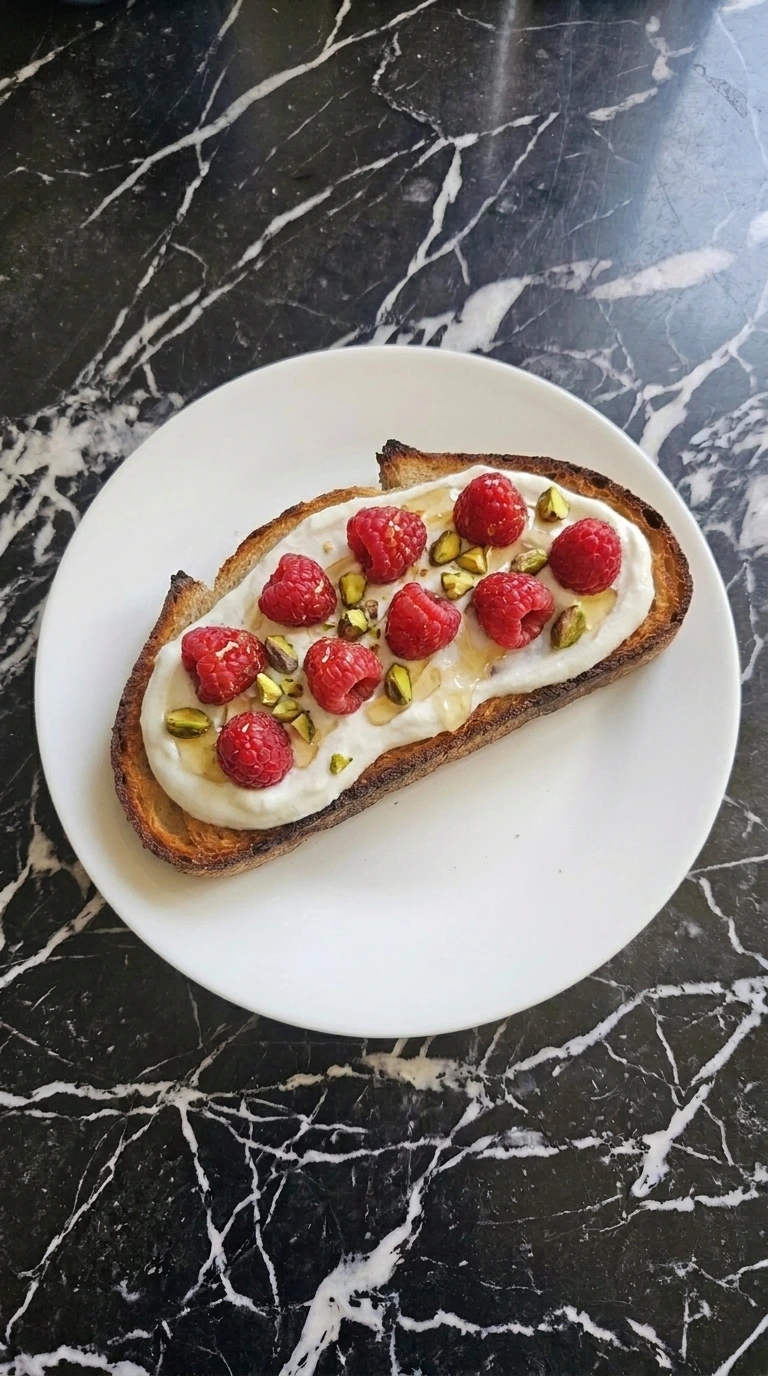 Adding fresh raspberries and nuts to assemble Raspberry Yogurt Toast