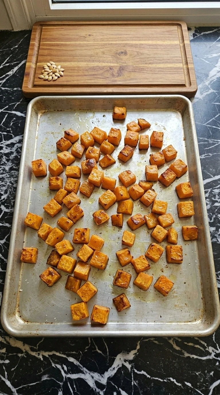 Golden roasted butternut squash cubes on a sheet pan