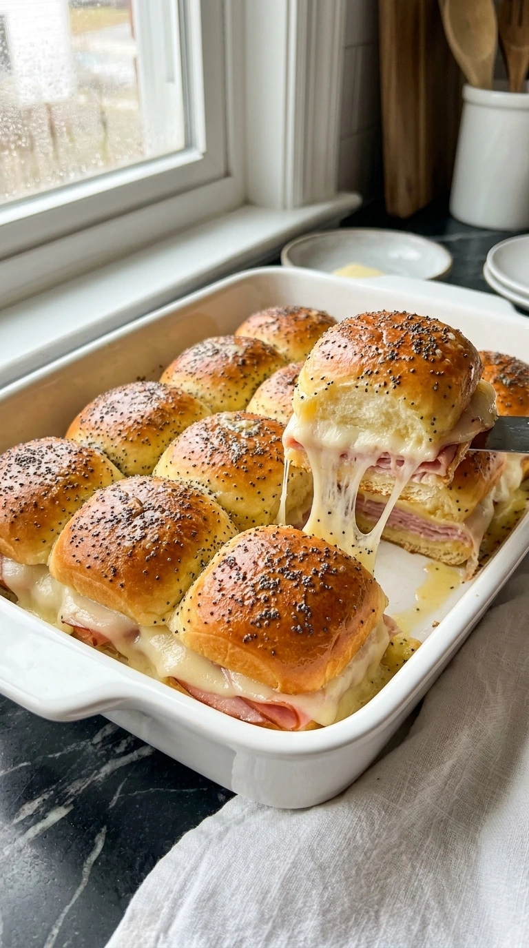 Sassy Tailgate Sandwiches: Hot Ham and Cheese Sliders for Game Day fresh out of the oven in a baking dish Recipe focus: Sassy Sandwiches.