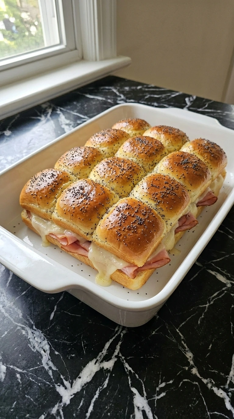 Sliced Hawaiian sweet roll slab for Sassy Tailgate Sandwiches: Hot Ham and Cheese Sliders for Game Day Recipe focus: Sassy Sandwiches.
