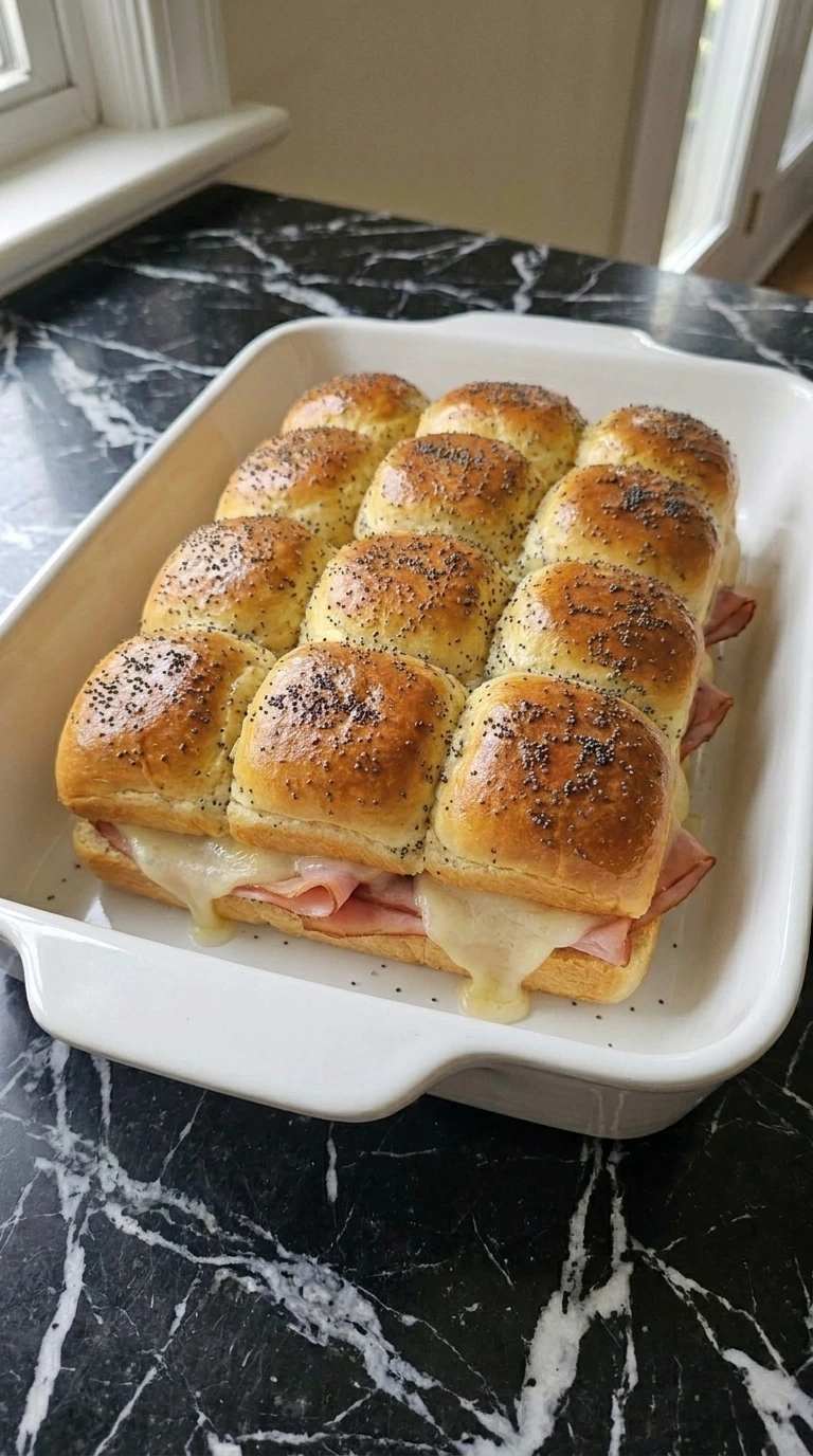 Glazing Sassy Tailgate Sandwiches: Hot Ham and Cheese Sliders for Game Day with butter and seeds Recipe focus: Sassy Tailgate Sliders.
