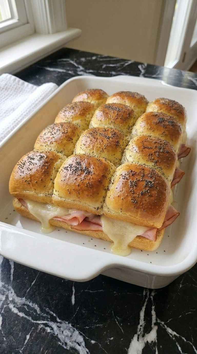 Baked Sassy Tailgate Sandwiches: Hot Ham and Cheese Sliders for Game Day fresh from oven Recipe focus: Sassy Tailgate Sliders.