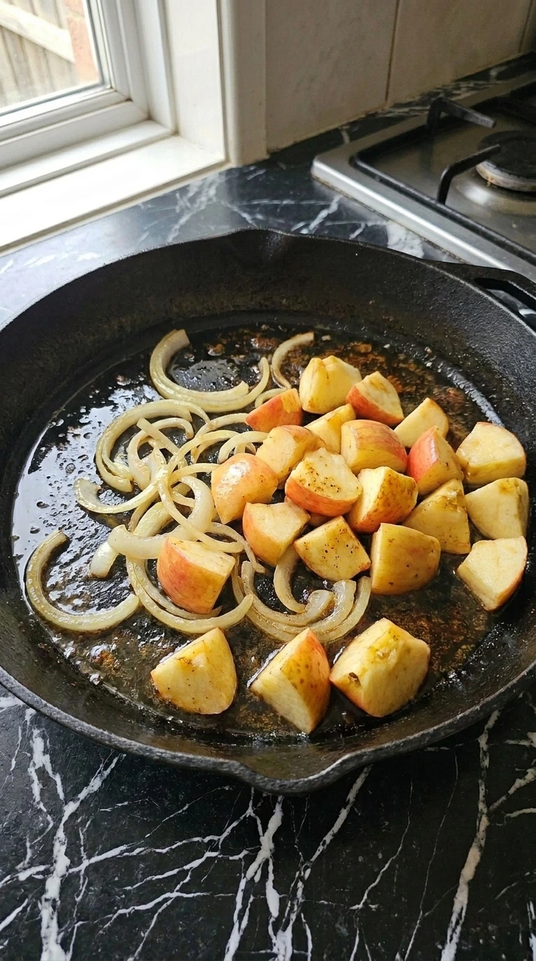 Honeycrisp apple chunks and sliced onion softening in pork fond