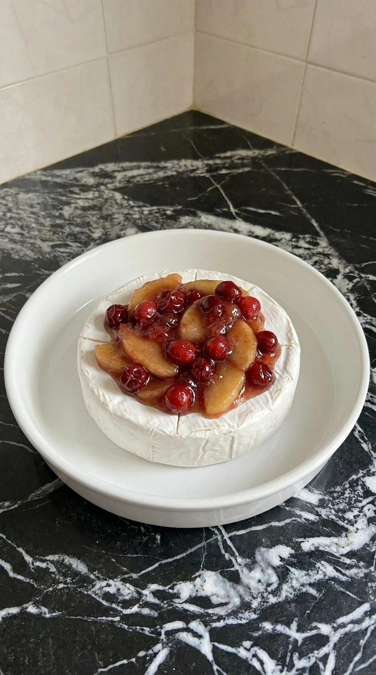 Chilled Brie scored and topped with warm apple cranberry mixture