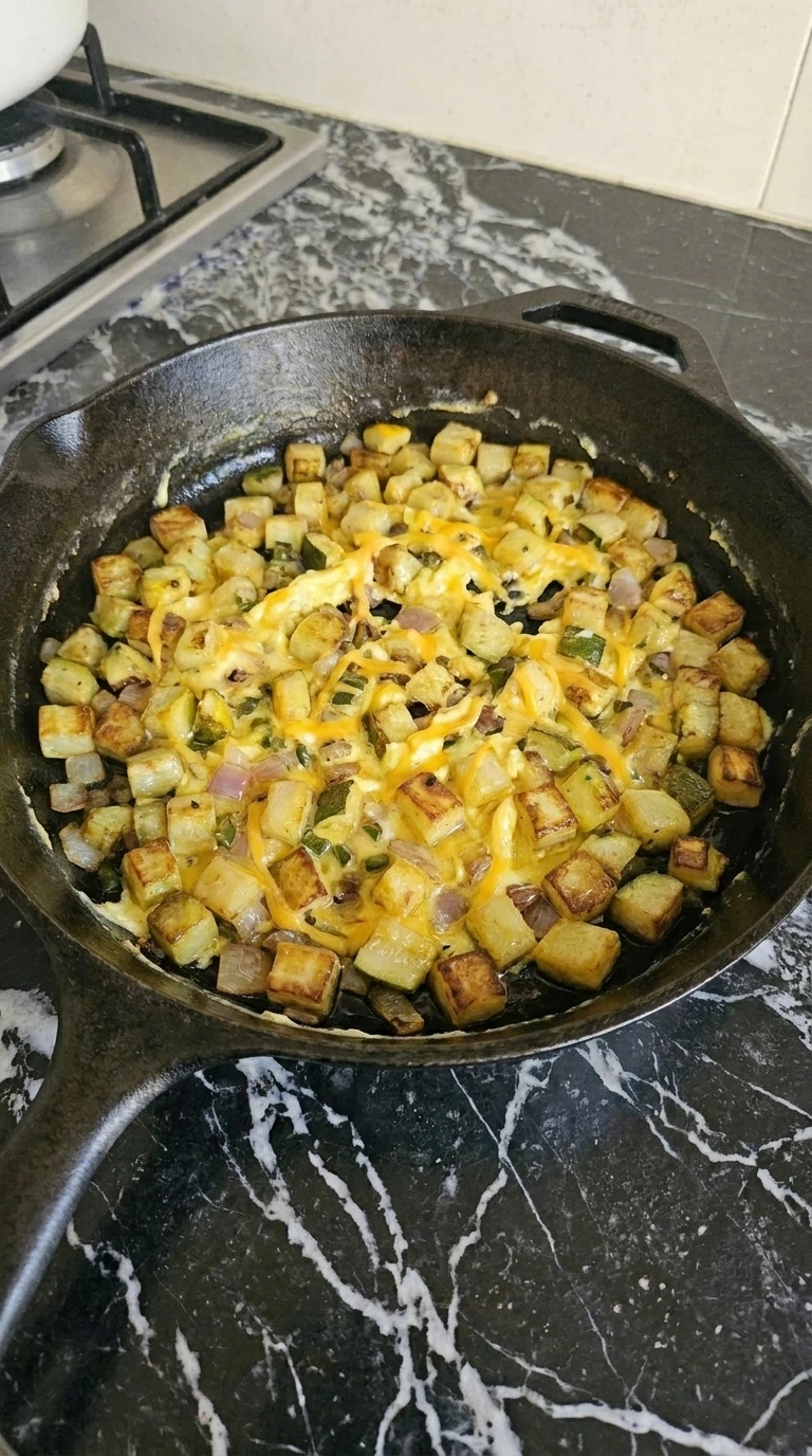 Soft scrambled eggs with golden patty pan squash and cheddar