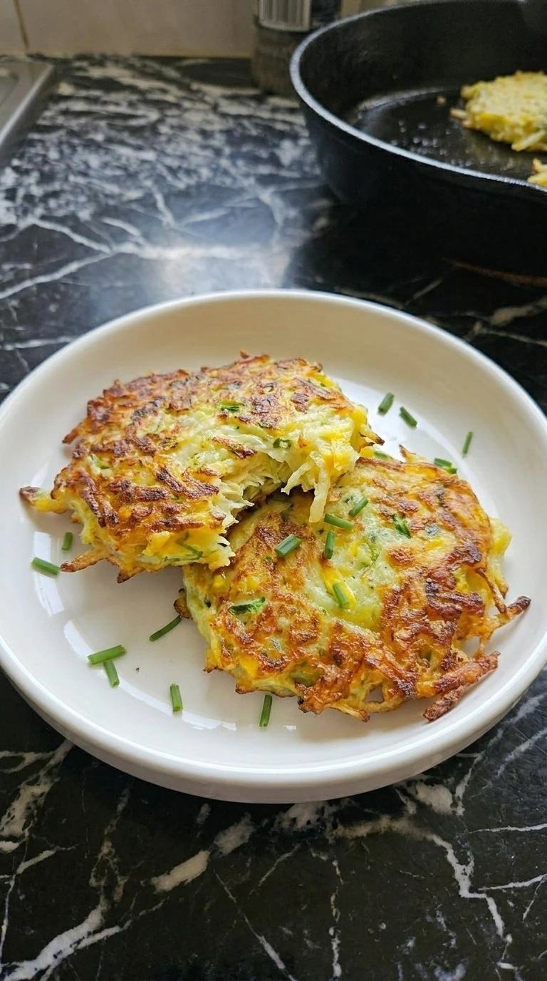 Two Patty Pan Squash Savory Pancakes with a tender shredded center
