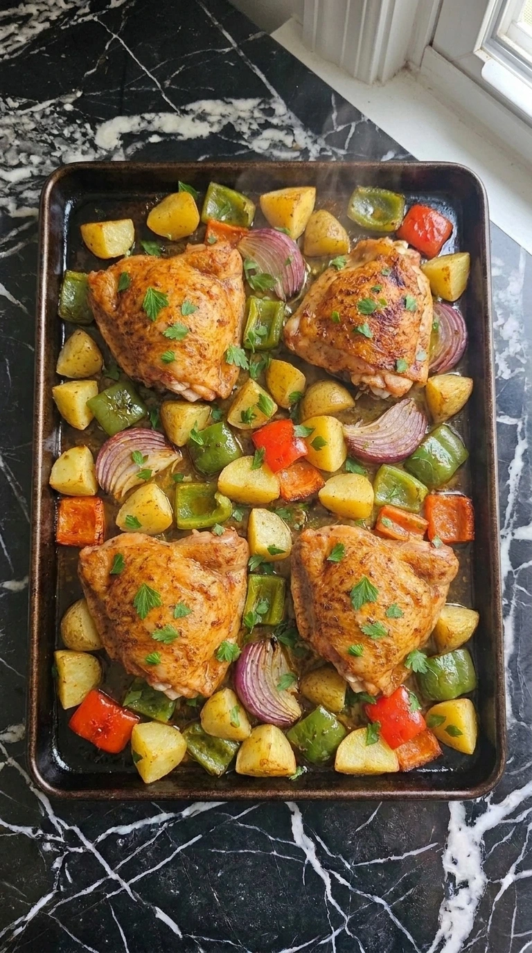 Sheet Pan Chicken Thighs and Potatoes for an Easy Dinner with deep amber chicken, golden potatoes and peppers