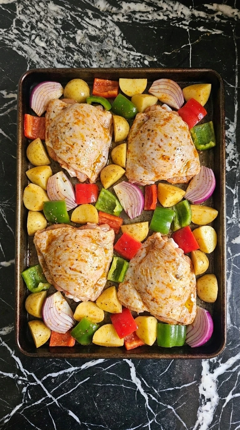 Seasoned raw chicken and vegetables arranged for Sheet Pan Chicken Thighs and Potatoes for an Easy Dinner