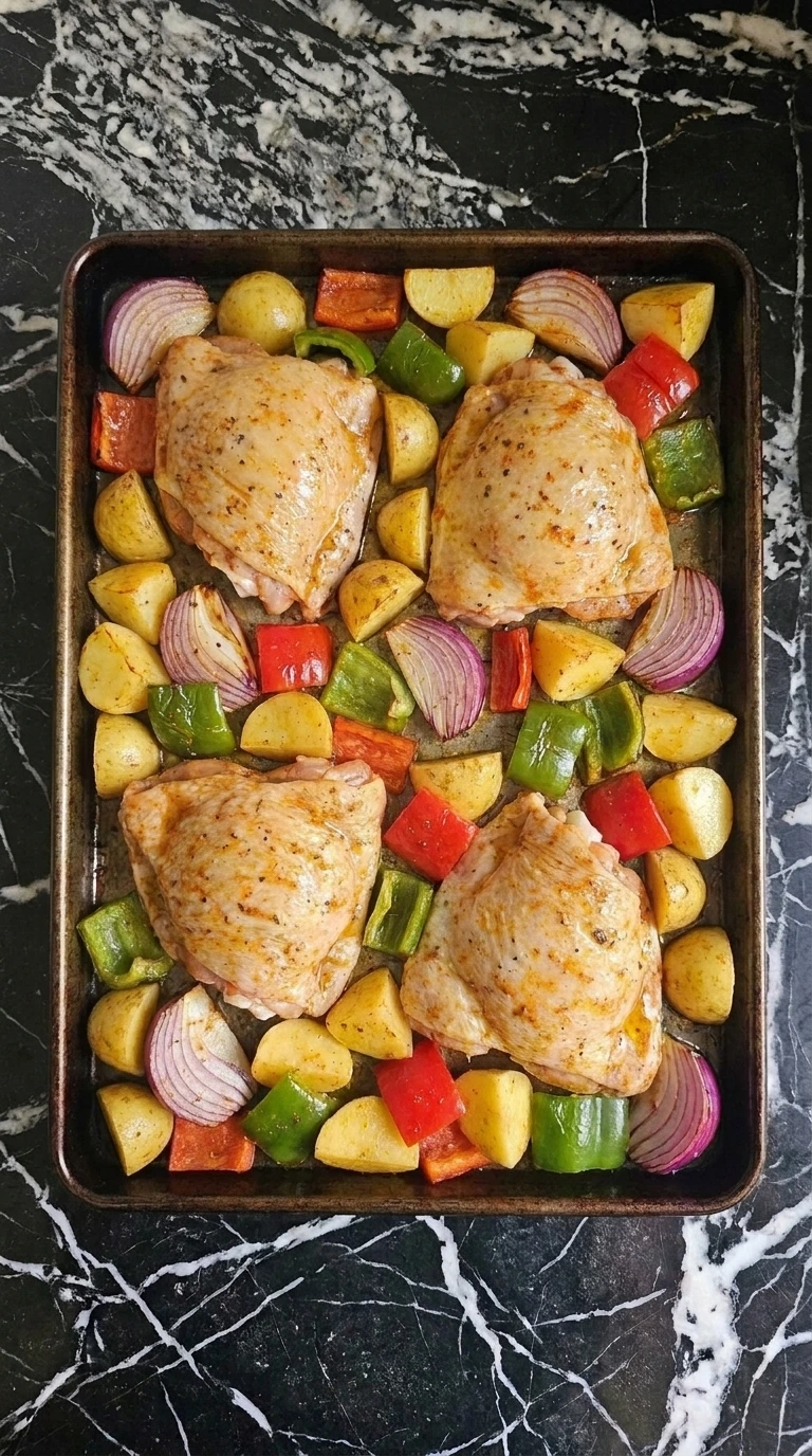 Mid-roast chicken and turned potatoes for Sheet Pan Chicken Thighs and Potatoes for an Easy Dinner
