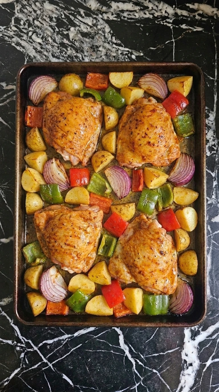 Deep amber chicken and crisp potatoes for Sheet Pan Chicken Thighs and Potatoes for an Easy Dinner