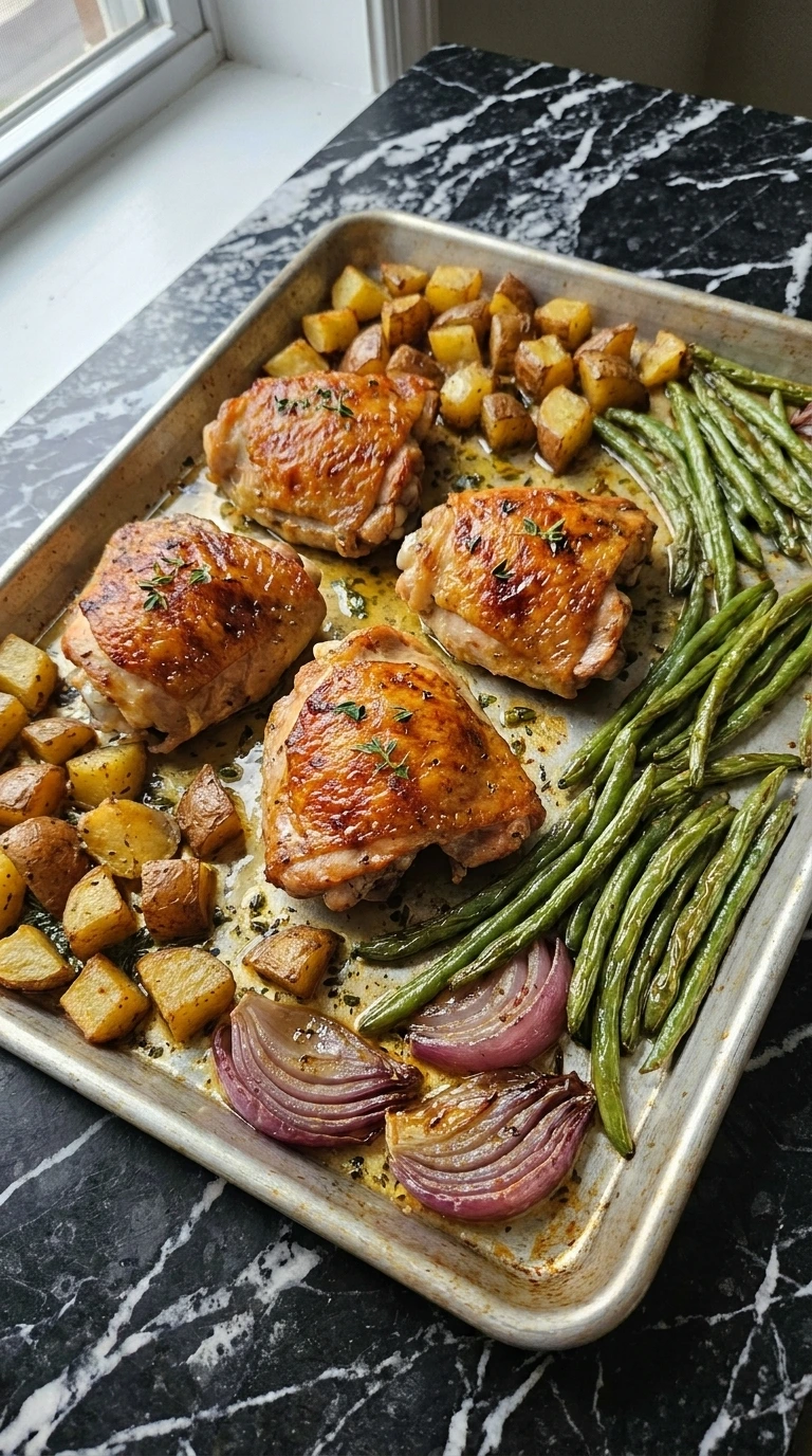 Sheet Pan Chicken Thighs and Veggies for Busy Weeknights with amber chicken skin, roasted Yukon Gold potatoes and green beans