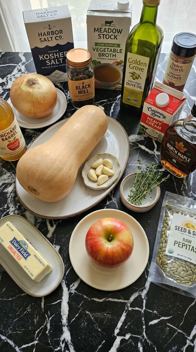 Ingredients for Sheet Pan Roasted Butternut Squash Soup including whole squash, apple, onion, broth and cream