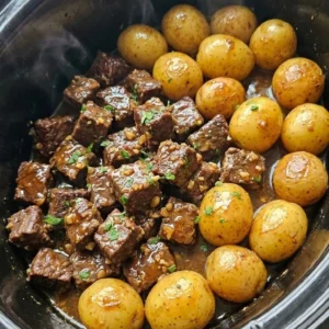 Slow Cooker Garlic Butter Beef Bites and Potatoes with glossy mahogany beef and golden whole baby potatoes