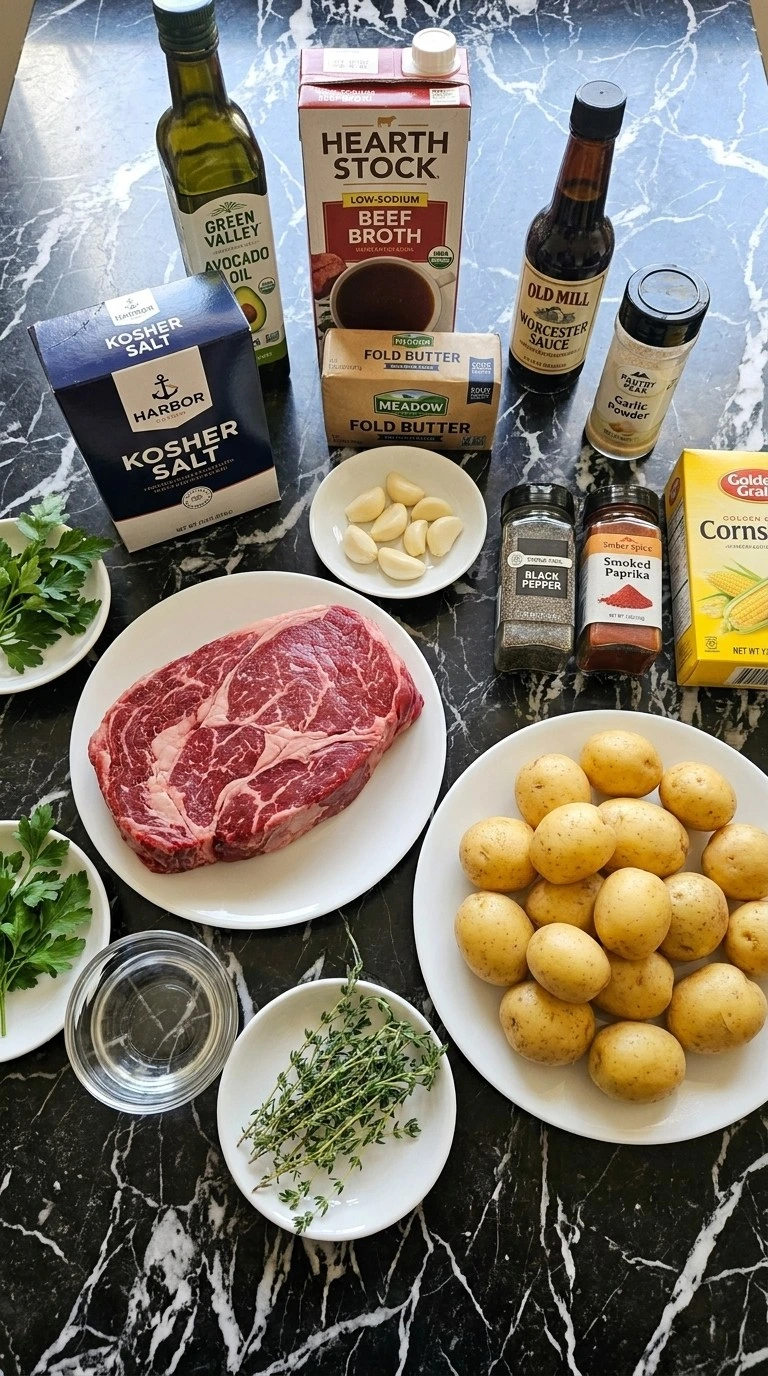 Slow Cooker Garlic Butter Beef Bites and Potatoes ingredients with chuck roast, baby Yukon Gold potatoes and garlic