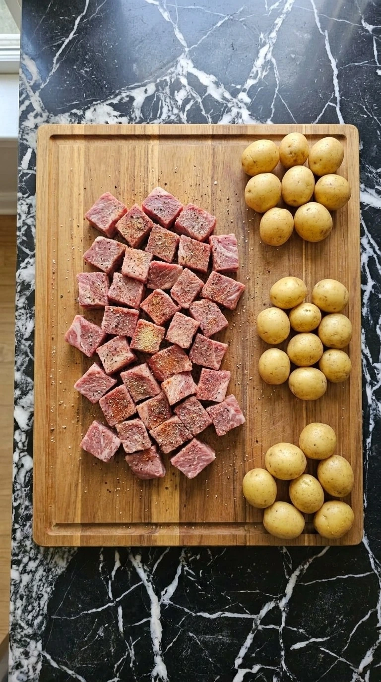 Cutting and seasoning beef for Slow Cooker Garlic Butter Beef Bites and Potatoes