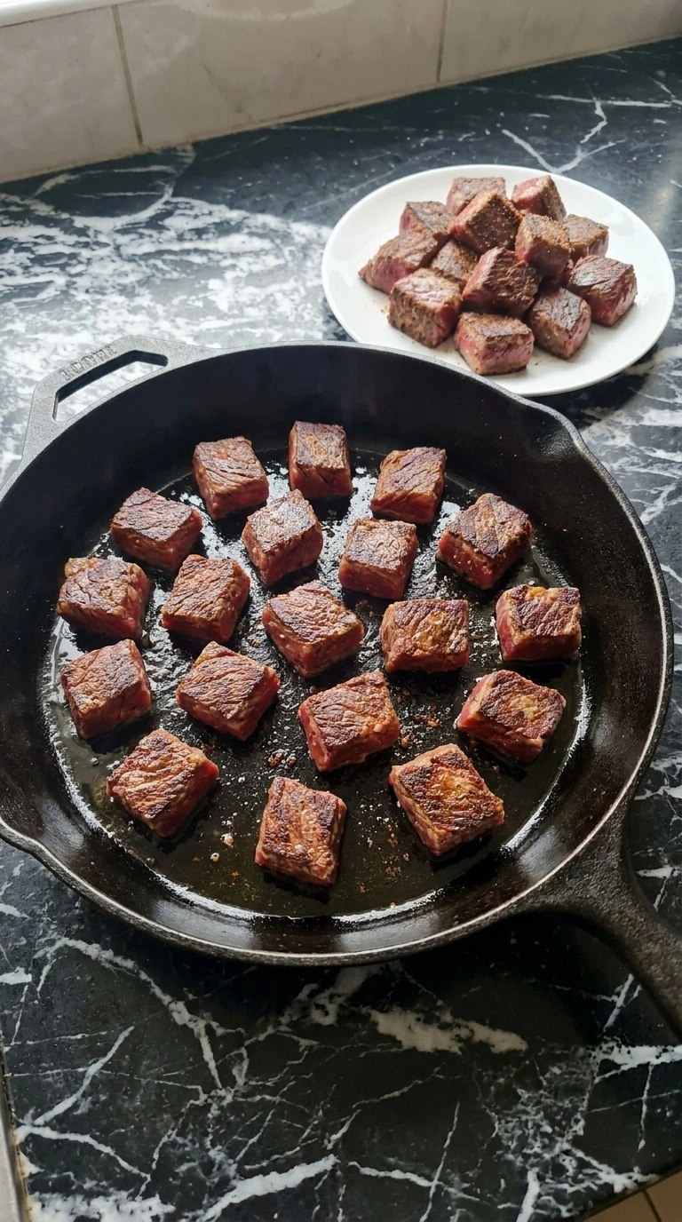 Searing beef for Slow Cooker Garlic Butter Beef Bites and Potatoes until a dark crust forms
