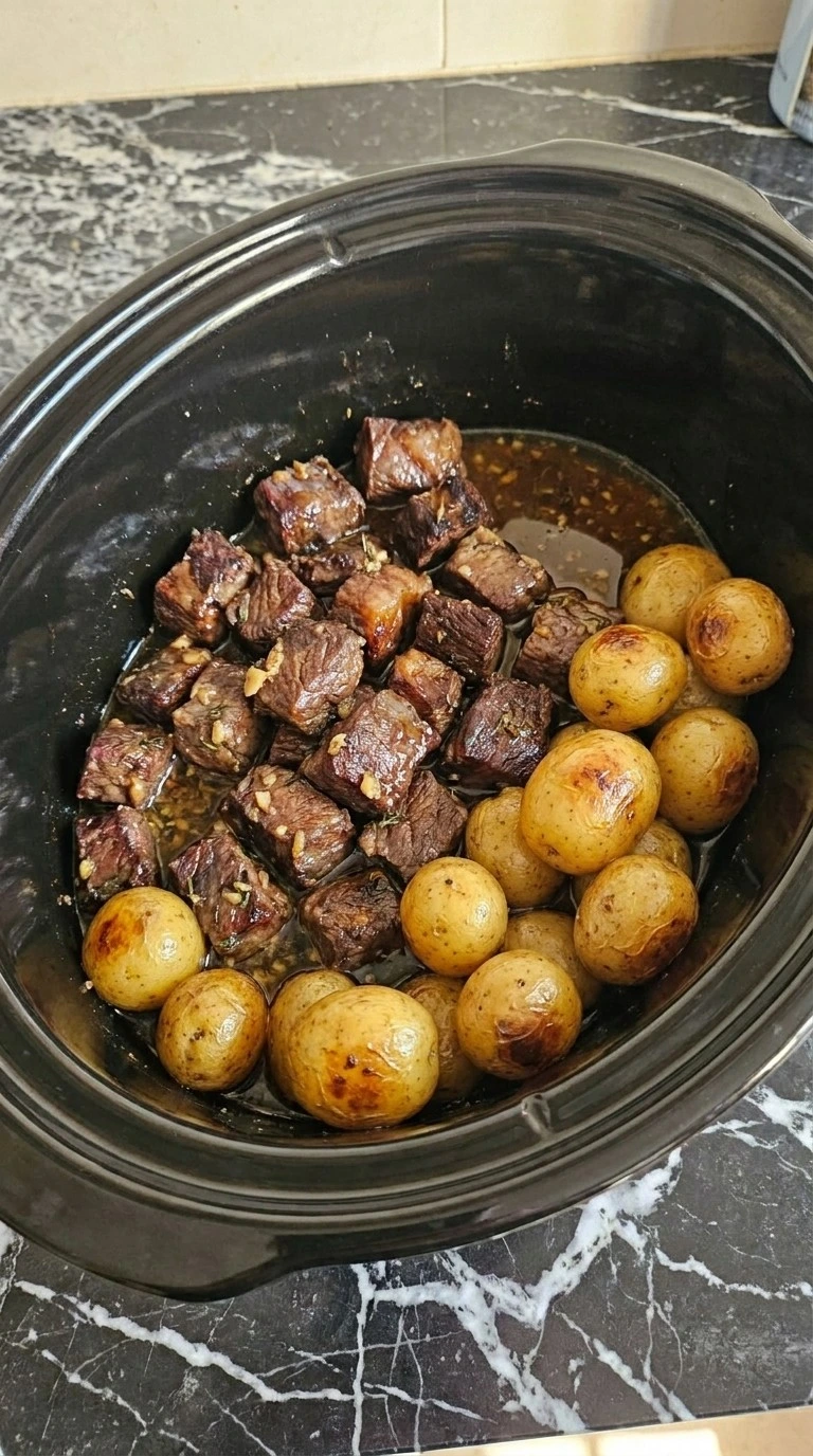 Slow Cooker Garlic Butter Beef Bites and Potatoes after six hours with tender mahogany beef and burnished potatoes