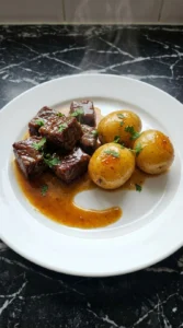Plated Slow Cooker Garlic Butter Beef Bites and Potatoes with glossy sauce and parsley