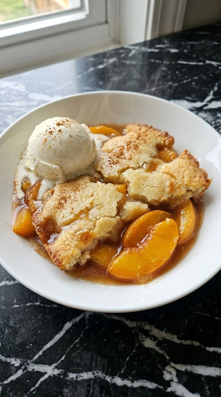 Slow Cooker Peach Cobbler with Fresh Summer Peaches served warm with vanilla bean ice cream and glossy peach syrup