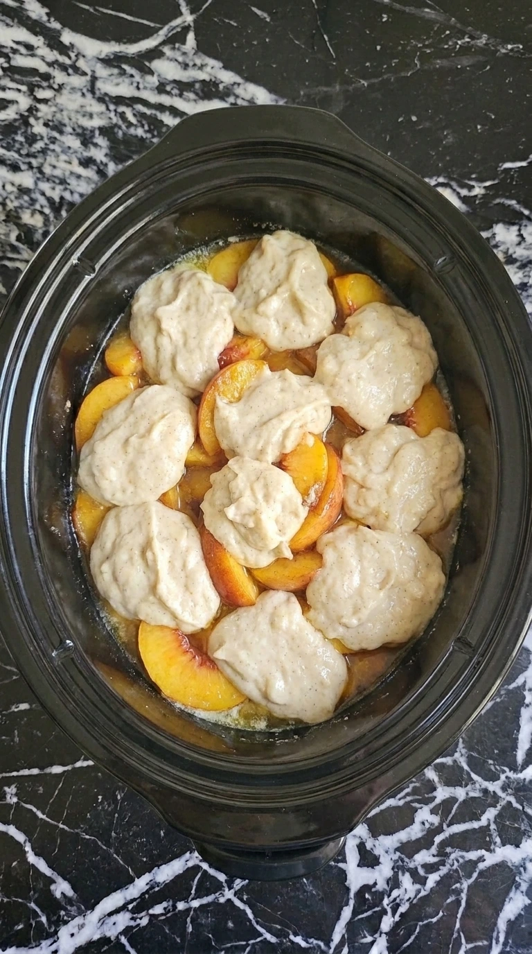 Slow Cooker Peach Cobbler with Fresh Summer Peaches step 3 layered with fresh peach filling and uneven batter mounds
