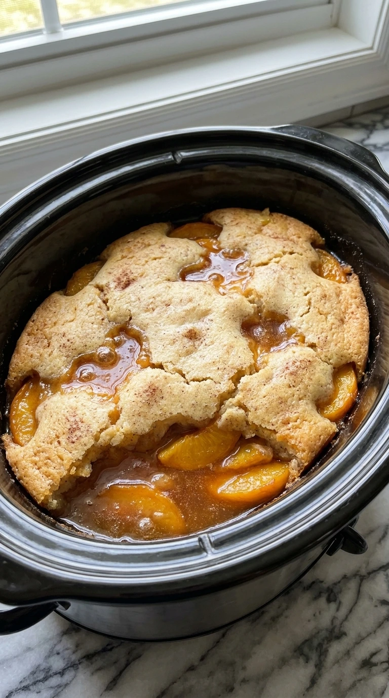 Slow Cooker Peach Cobbler with Fresh Summer Peaches step 4 with a set pale-golden topping and bubbling peach syrup