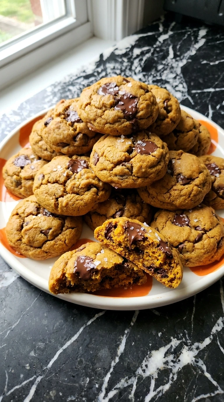 Soft Gluten Free Pumpkin Cookies With Chocolate Chips piled on an orange-rimmed plate with one cookie broken open