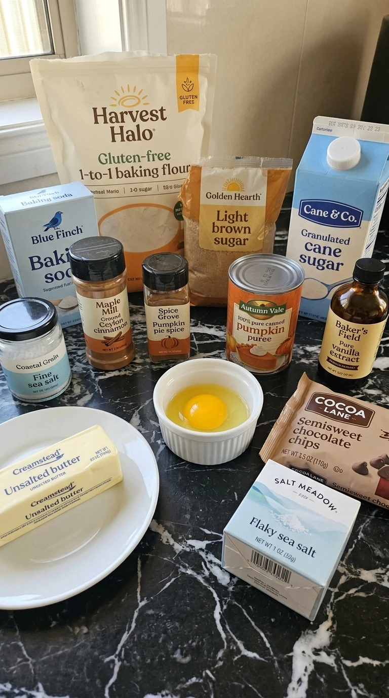 Soft Gluten Free Pumpkin Cookies With Chocolate Chips ingredients arranged in separate packages and small containers