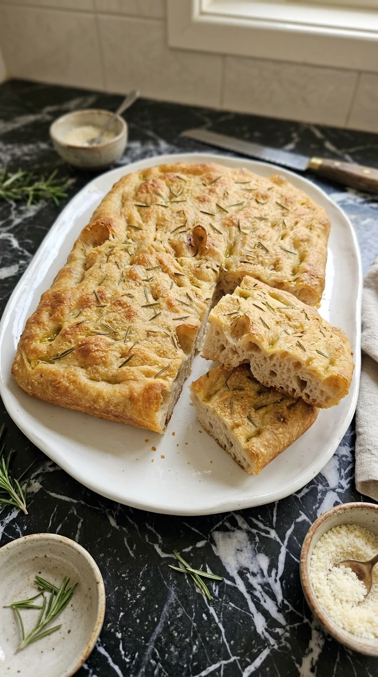 Sourdough Discard Focaccia (Easy No-Waste Recipe) with golden dimples, rosemary and a cut corner showing the airy crumb