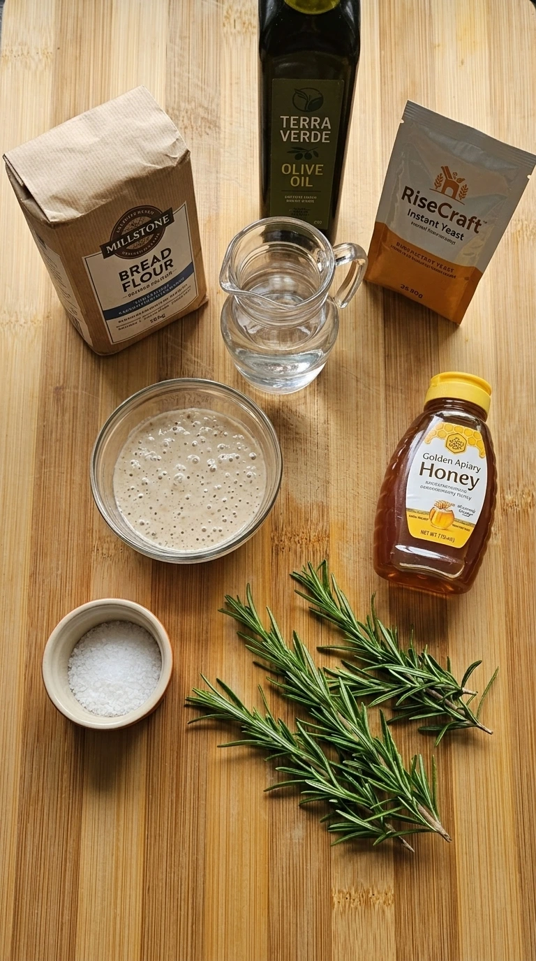 Ingredients for Sourdough Discard Focaccia (Easy No-Waste Recipe) arranged in separate bowls, plates and packages