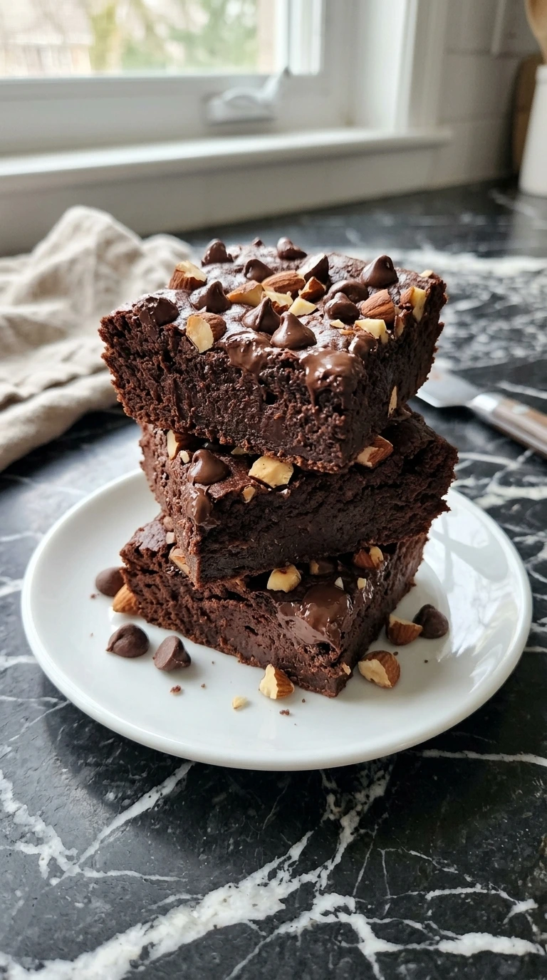 Stack of fudgy Sweet Potato Brownies topped with dark chocolate chips and chopped almonds.