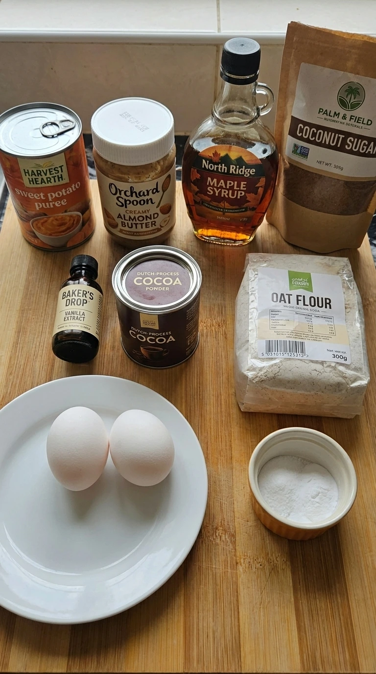 Ingredients for Sweet Potato Brownies including puree, cocoa, oat flour, almond butter and chocolate chips.