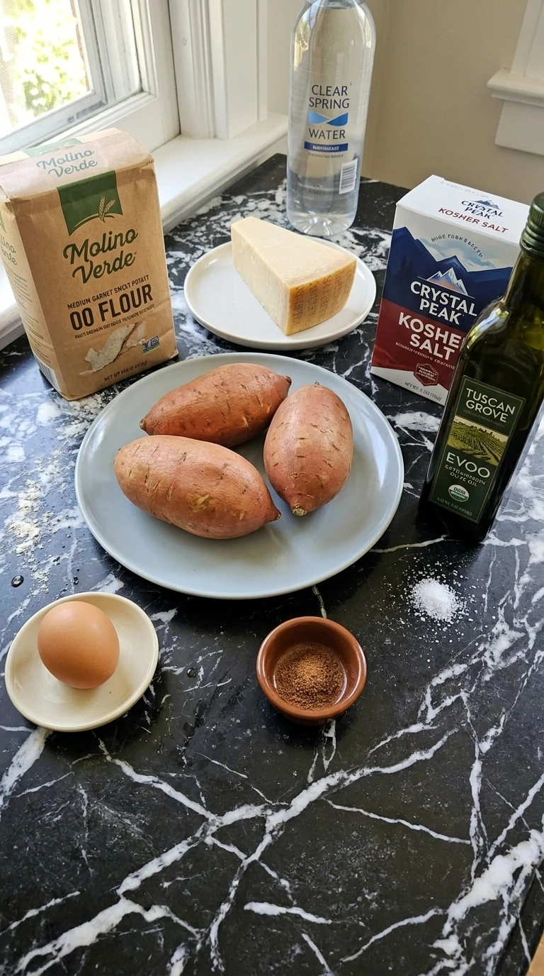 Ingredients for Sweet Potato Gnocchi with garnet sweet potatoes 00 flour mushrooms herbs walnuts and Parmesan.