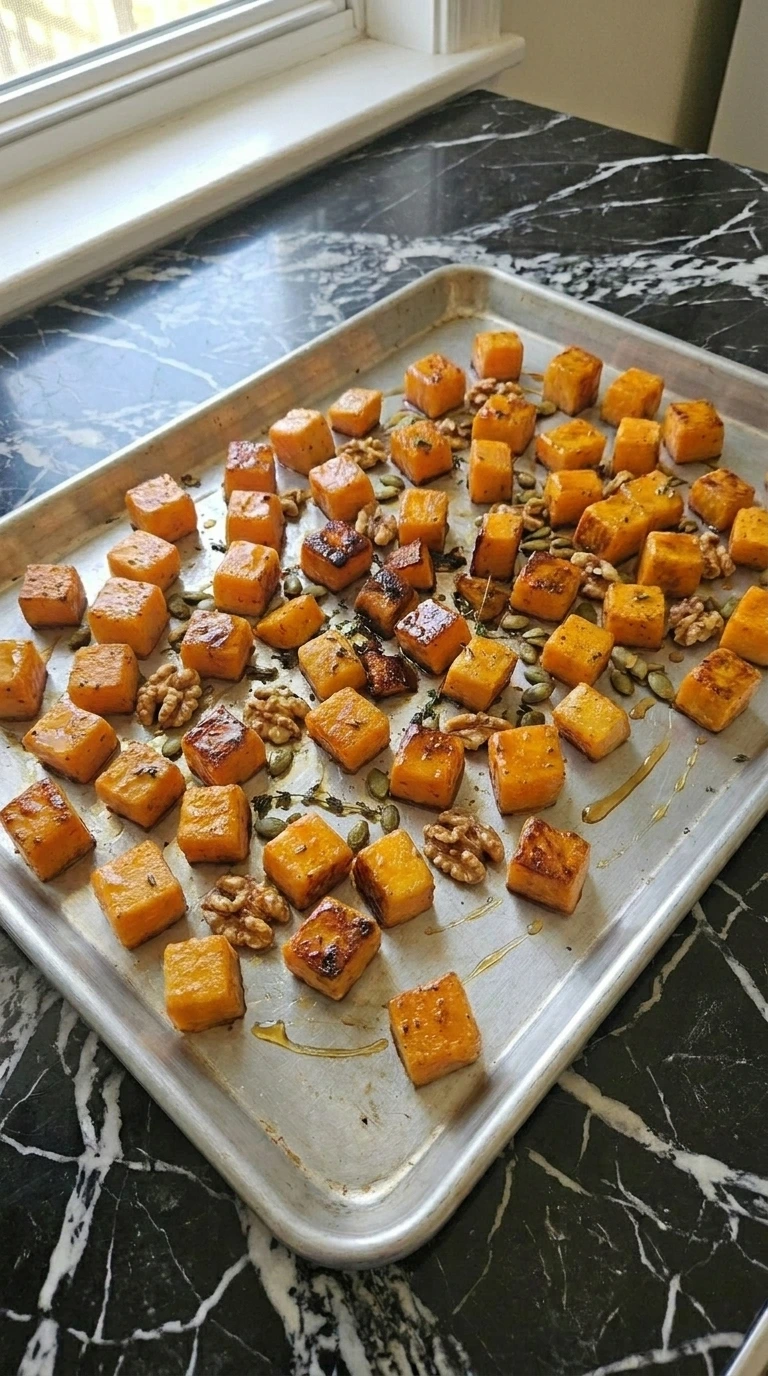 Maple roasted butternut squash with toasted walnuts and pepitas on a sheet pan.
