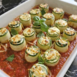 Baked Zucchini Roll-Ups in marinara sauce with melted cheese and basil