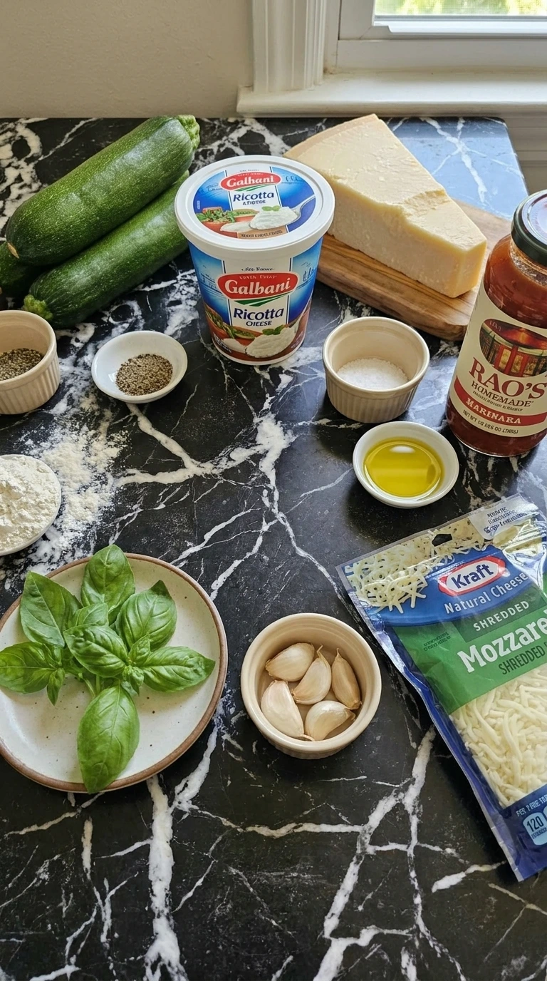Fresh ingredients for making Zucchini Roll-Ups arranged on a marble counter