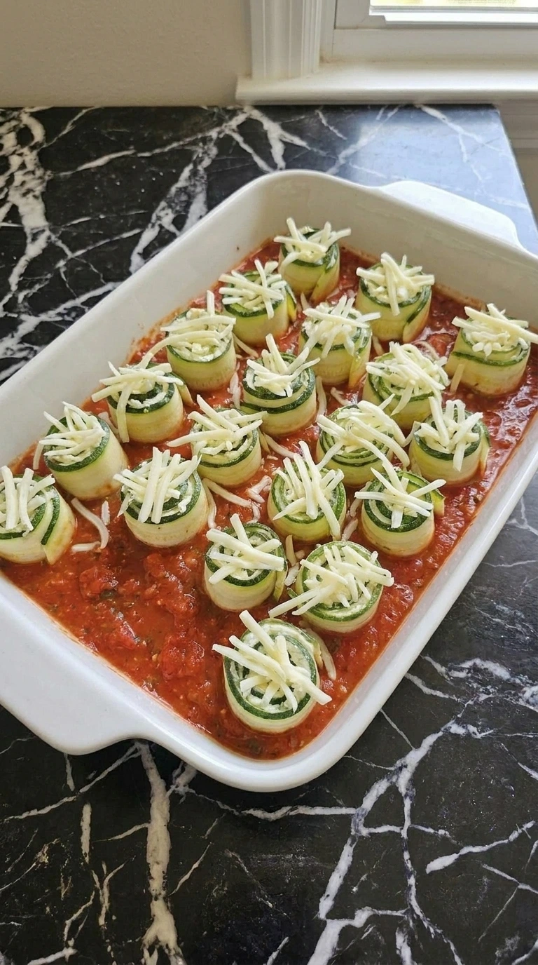 Assembling Zucchini Roll-Ups in a ceramic dish with marinara sauce