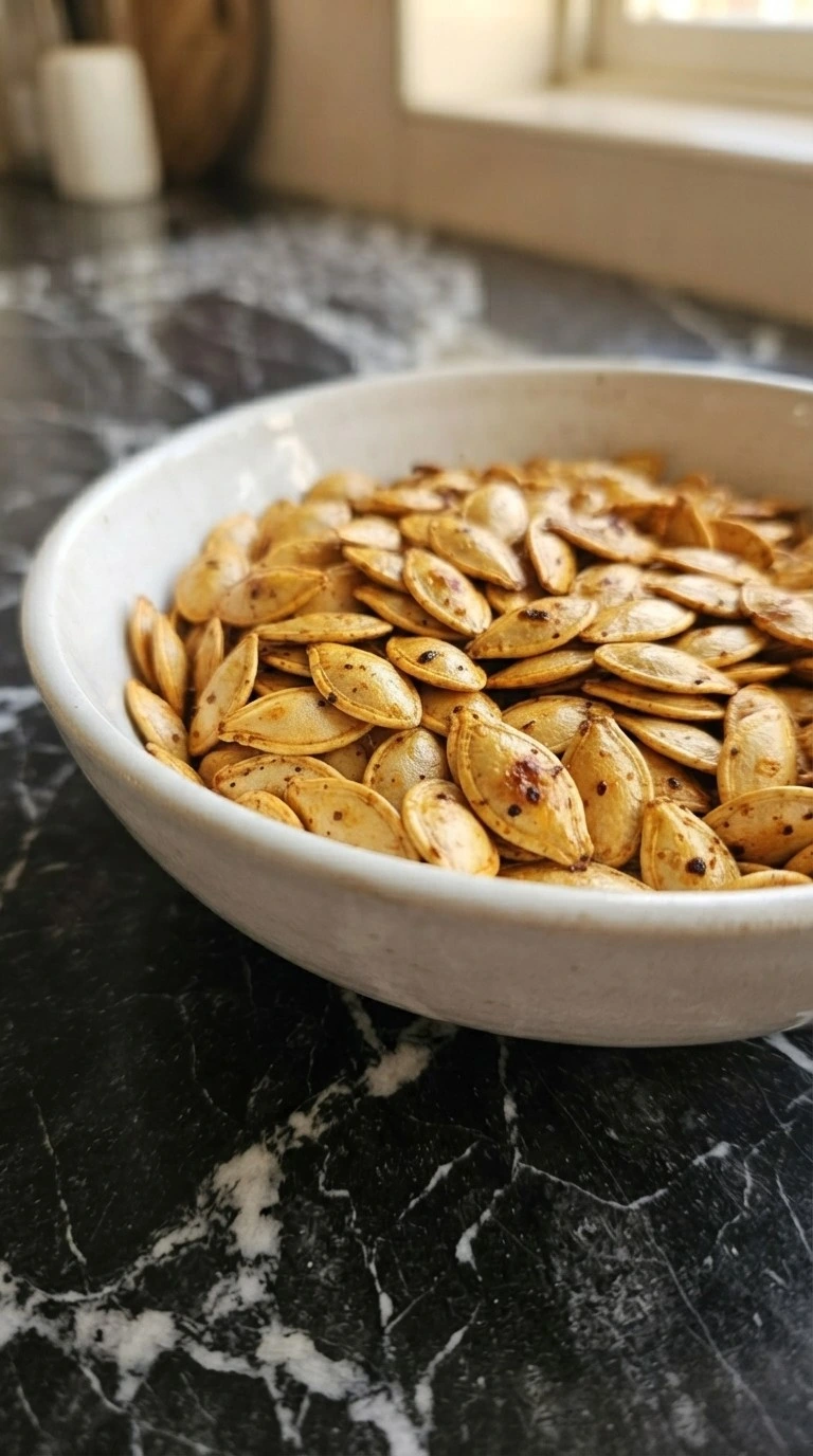 Chili Roasted Pumpkin Seeds in a white bowl with golden shells and smoky chili speckles Recipe focus: how to make chili roasted pumpkin seeds.