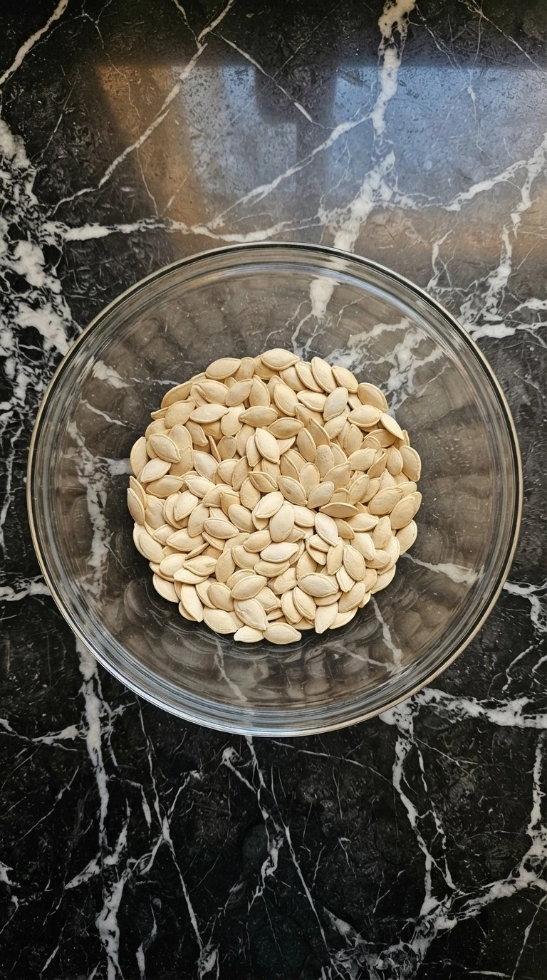 Chili Roasted Pumpkin Seeds step showing cleaned and thoroughly dried raw pumpkin seeds Recipe focus: pan roasted pumpkin seeds.