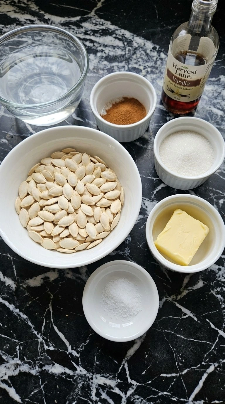 Cinnamon Sugar Roasted Pumpkin Seeds ingredients including raw pumpkin seeds, cinnamon, cane sugar and butter